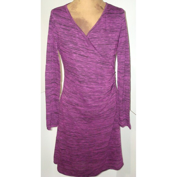 New Womens NWT PrAna Nadia Pink Purple Black Dress M LS Grapevine Faux Wrap - Picture 1 of 6